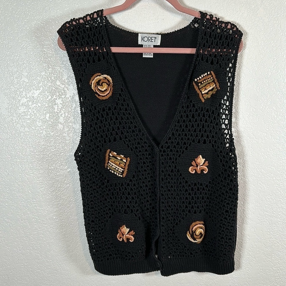 Vintage Koret Crochet Open Weave Boho Knit Vest 90s Size Medium